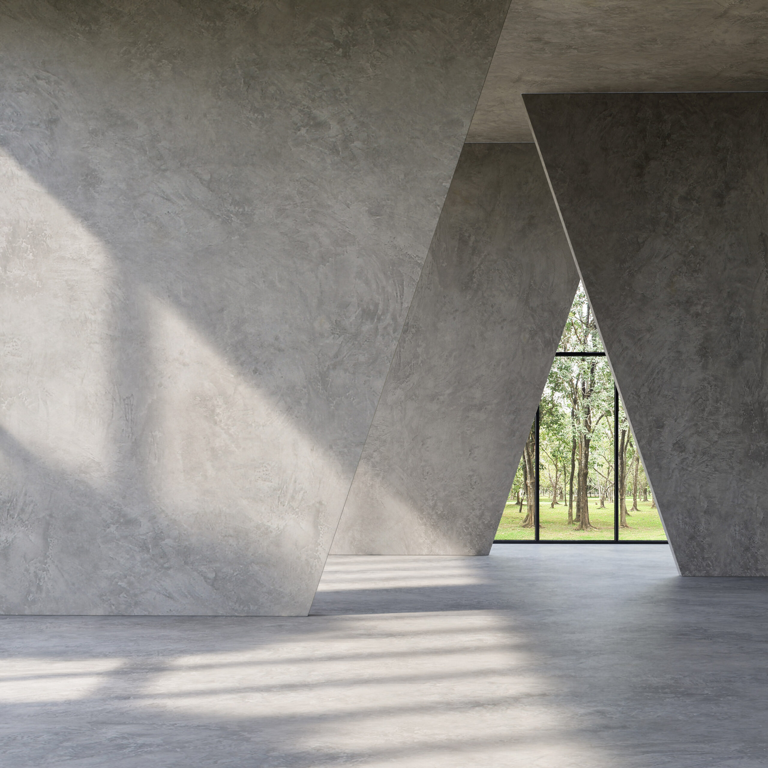 Nachhaltige Architektur — Betonwände mit dreieckigem Ausblick in einen Wald